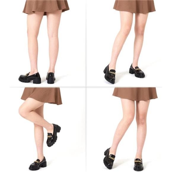 Platform Loafers for Women Chunky Heels Slip-ons with Chain Round Toe NWT - Picture 6 of 9